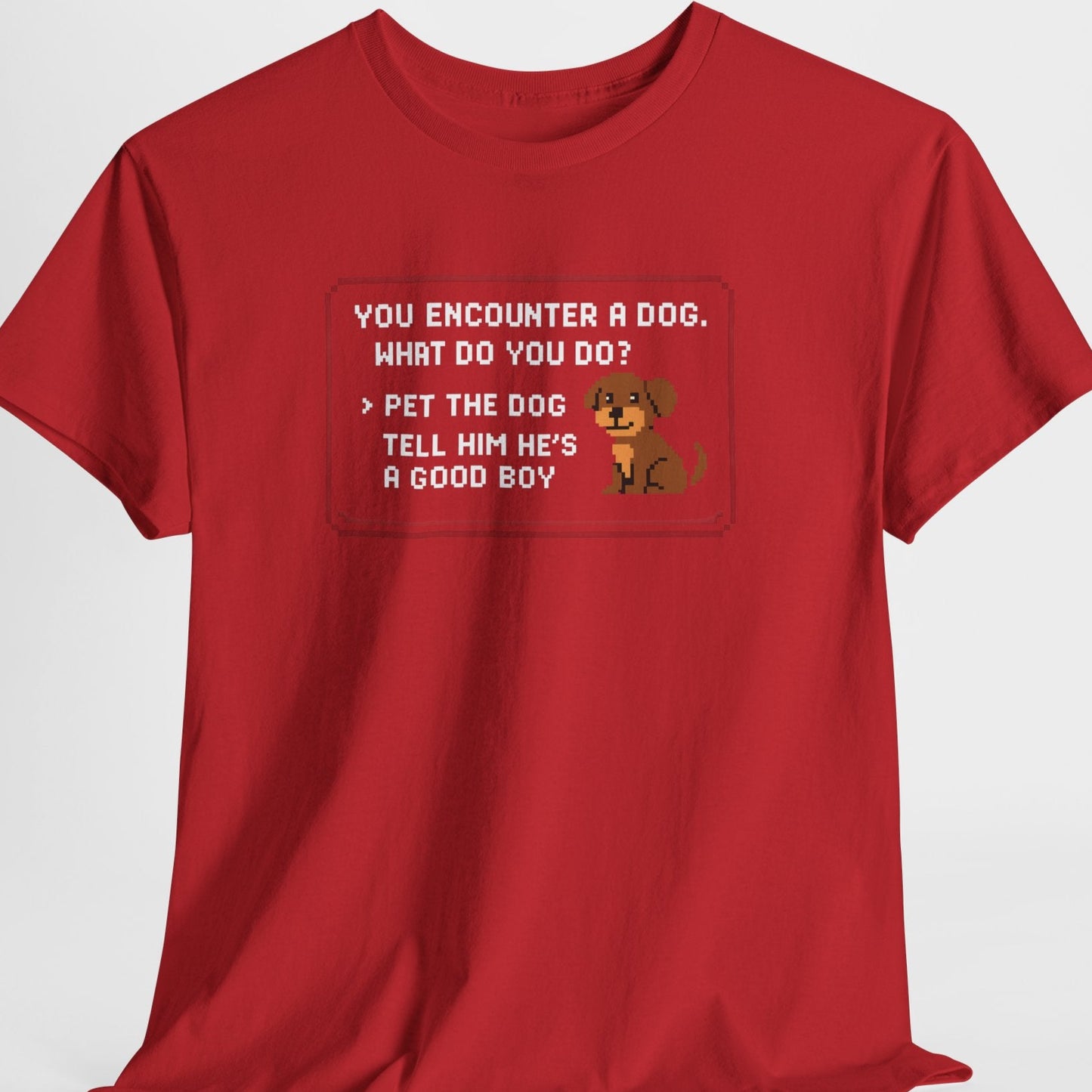 Red t-shirt with a humorous text and dog graphic on a white background