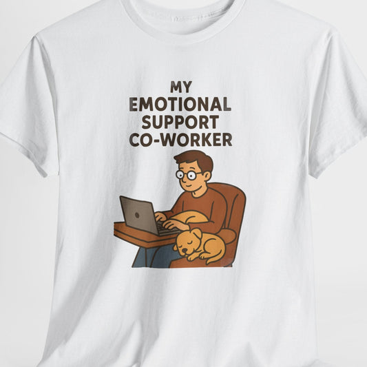 White t-shirt with a graphic of a person working on a laptop with a dog, and text 'My Emotional Support Co-Worker' on a white background.