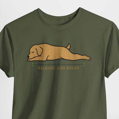 Green t-shirt with a dog graphic and 'Release and Relax' text on a white background