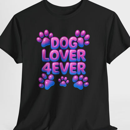 Black t-shirt with 'DOG LOVER 4EVER' text and paw prints on a white background