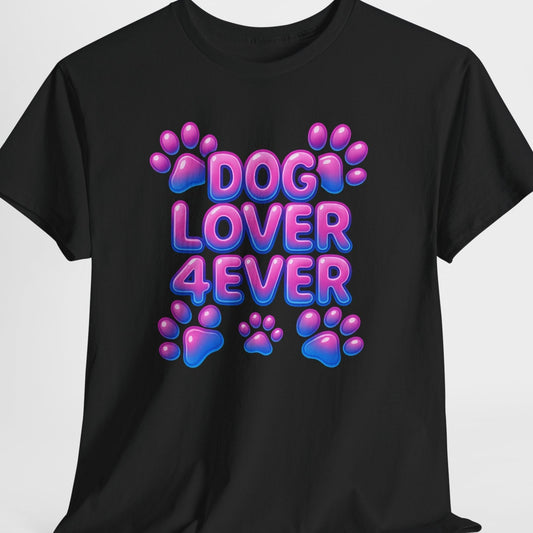 Black t-shirt with 'DOG LOVER 4EVER' text and paw prints on a white background