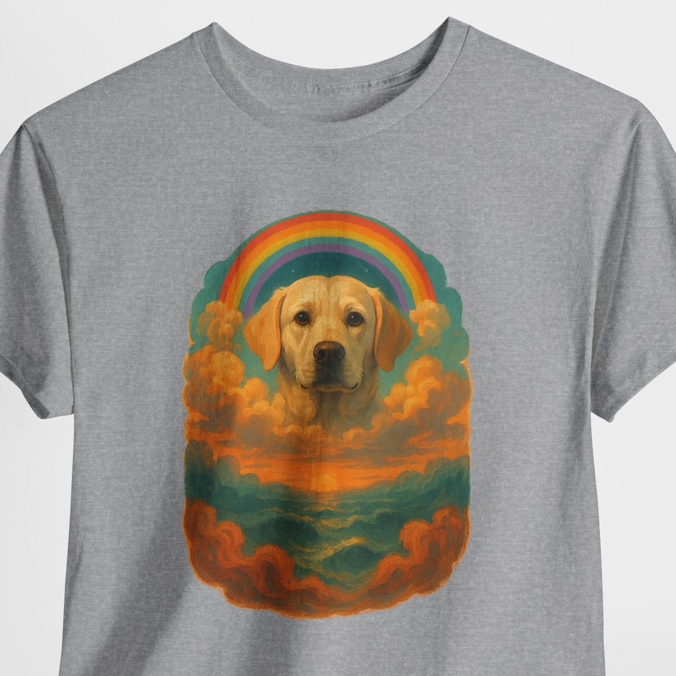 Gray t-shirt with a dog and rainbow design on a white background