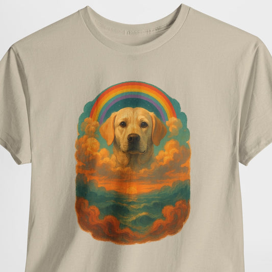 Beige t-shirt with a dog and rainbow graphic on a white background