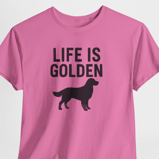 Pink t-shirt with 'Life is Golden' text and dog silhouette on a white background