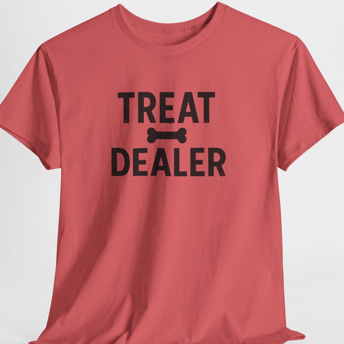 Red t-shirt with 'Treat Dealer' text on a white background