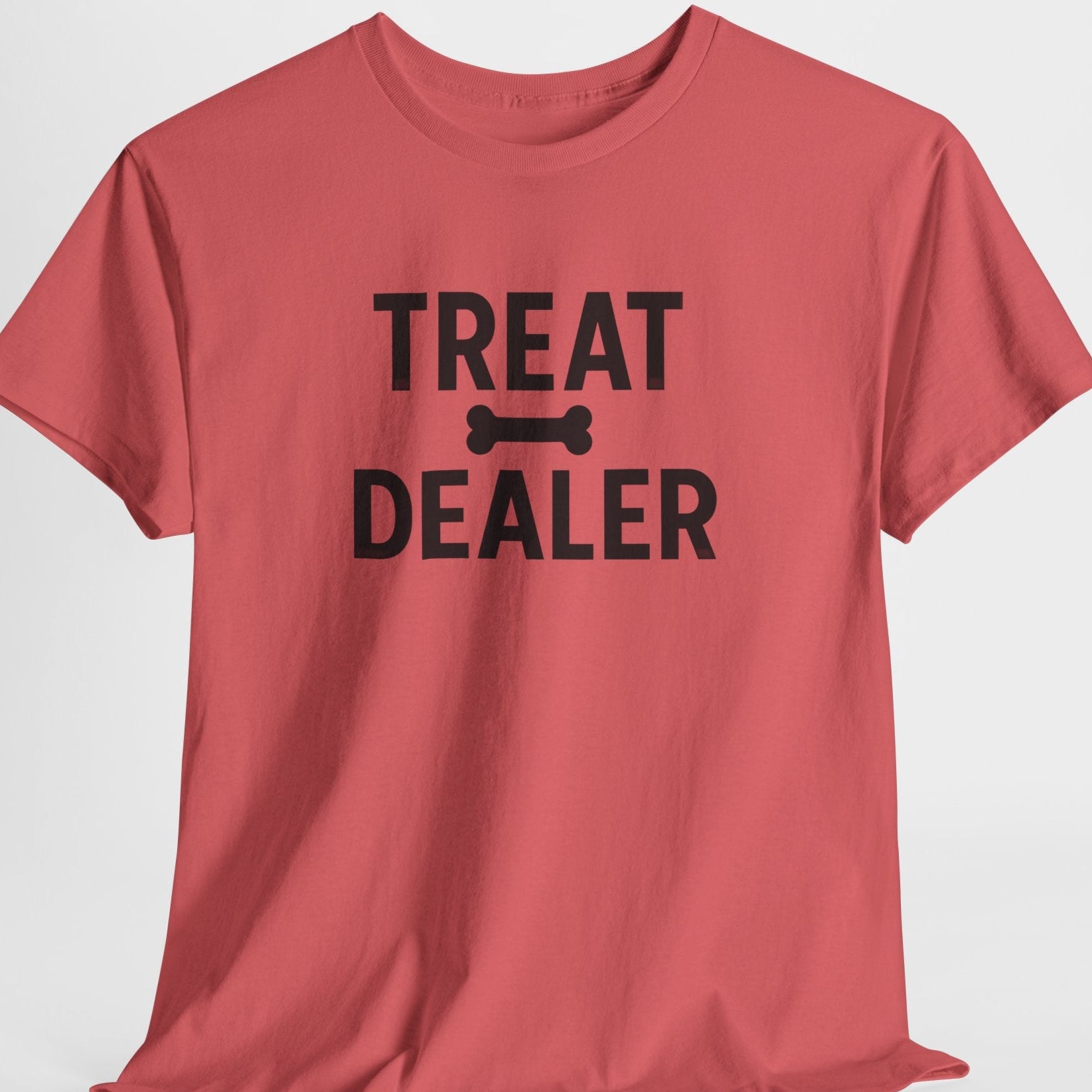 Red t-shirt with 'Treat Dealer' text on a white background