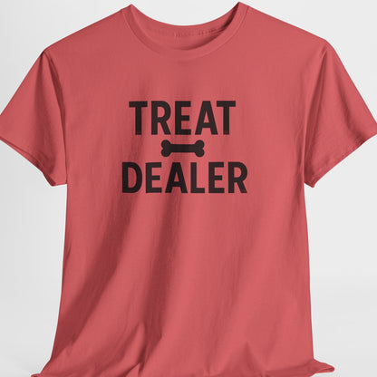 Red t-shirt with 'Treat Dealer' text on a white background