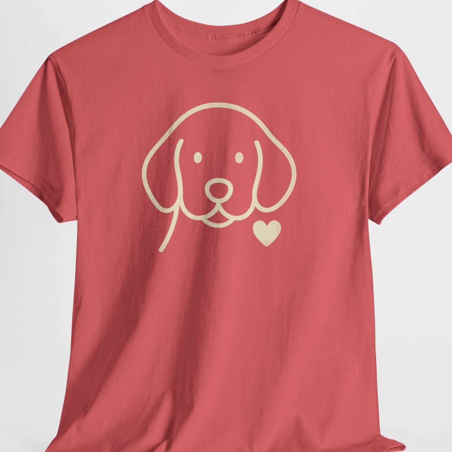 Red t-shirt with a dog graphic and heart on a light gray background
