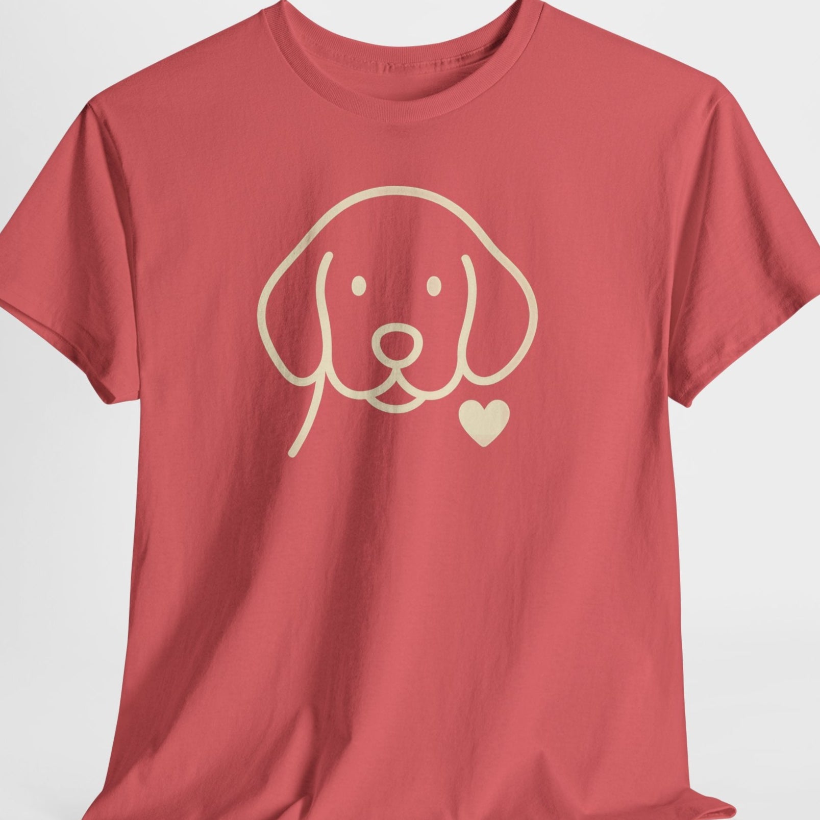 Red t-shirt with a dog graphic and heart on a light gray background