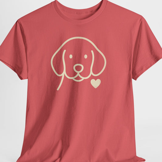 Red t-shirt with a dog graphic and heart on a light gray background