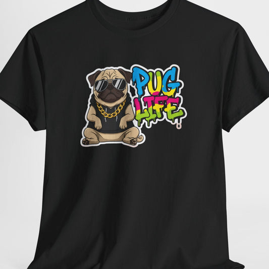 Black t-shirt with a pug graphic and 'Pug Life' text on a white background