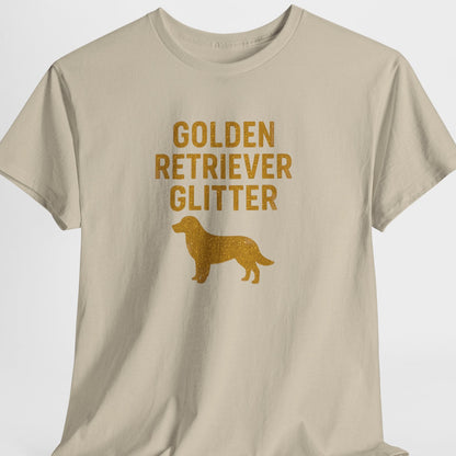 Beige t-shirt with 'Golden Retriever Glitter' text and dog silhouette on a white background