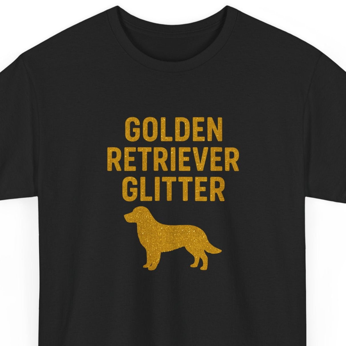 Black t-shirt with 'Golden Retriever Glitter' text and dog silhouette on a white background