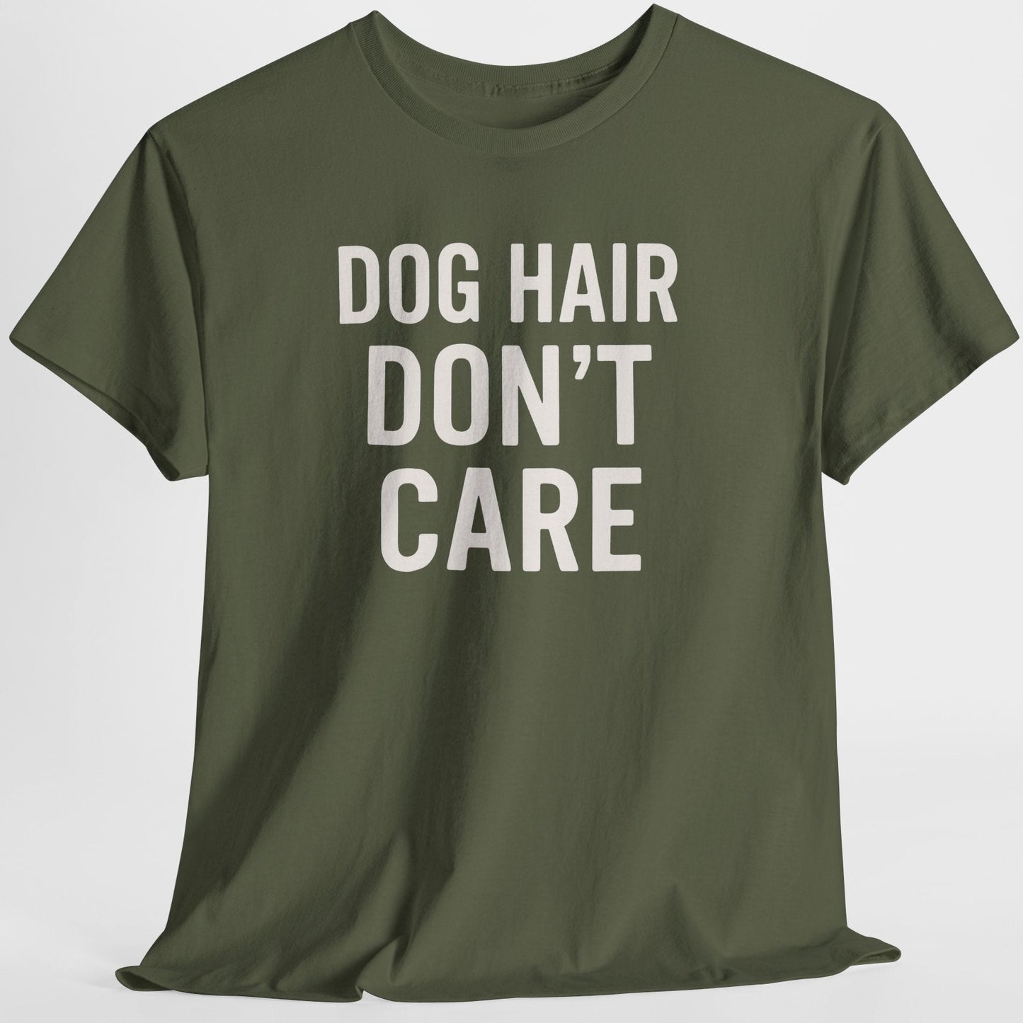 Green t-shirt with 'DOG HAIR DON'T CARE' text on a white background