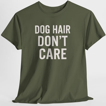 Green t-shirt with 'DOG HAIR DON'T CARE' text on a white background