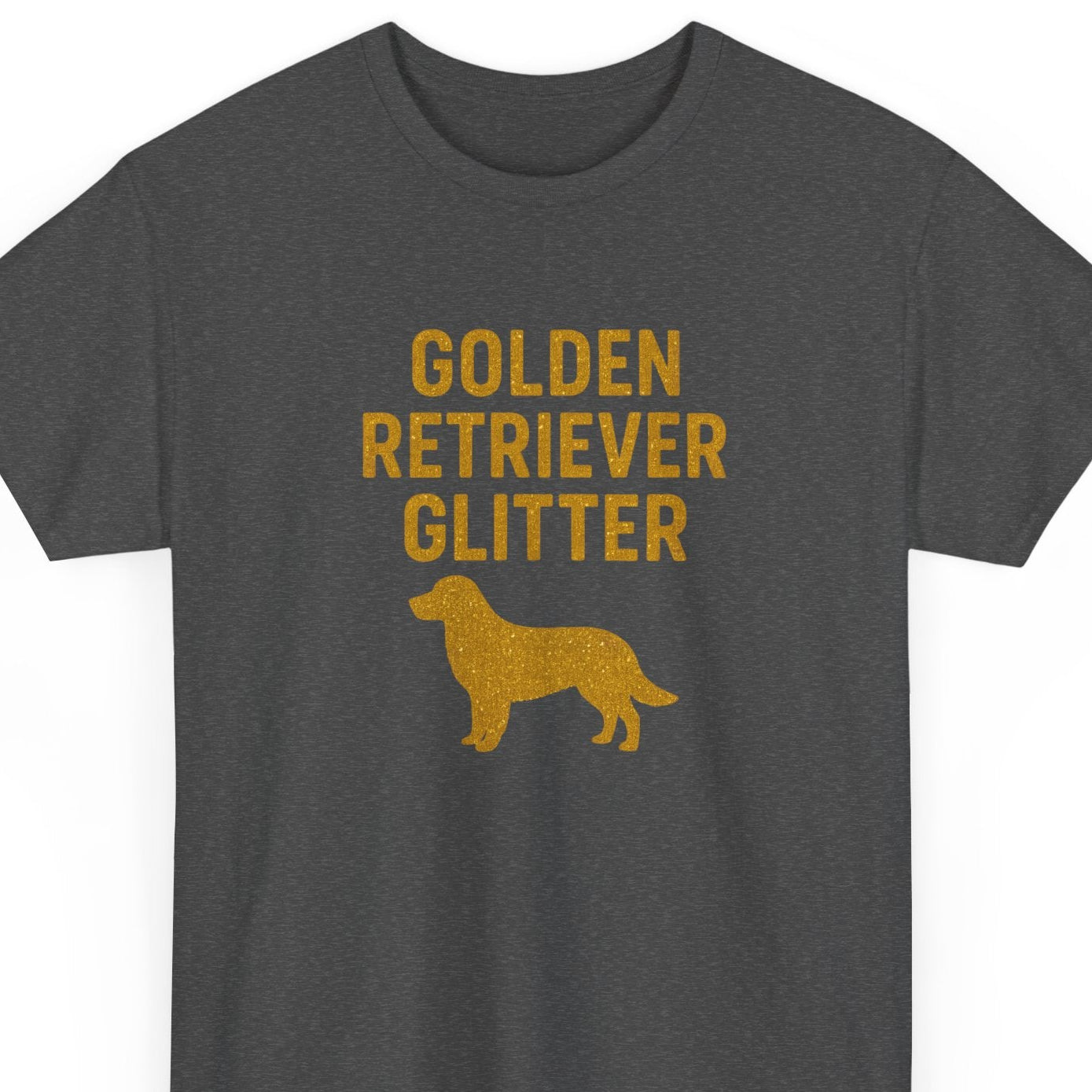 Dark gray t-shirt with 'Golden Retriever Glitter' text and dog silhouette on a white background