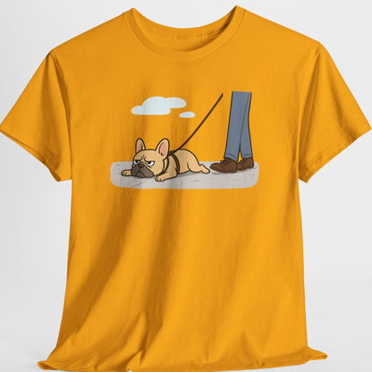 Gold t-shirt with a dog and person graphic on a white background