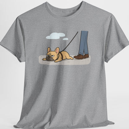Gray t-shirt with a graphic of a dog on a leash and a person's legs, on a light gray background