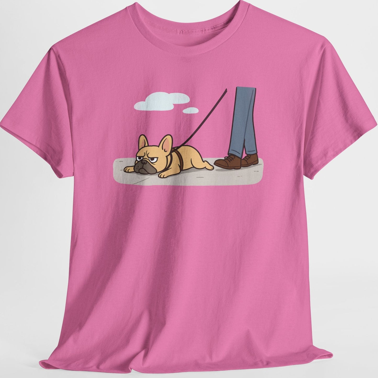 Pink t-shirt with a graphic of a dog on a leash and person on a white background