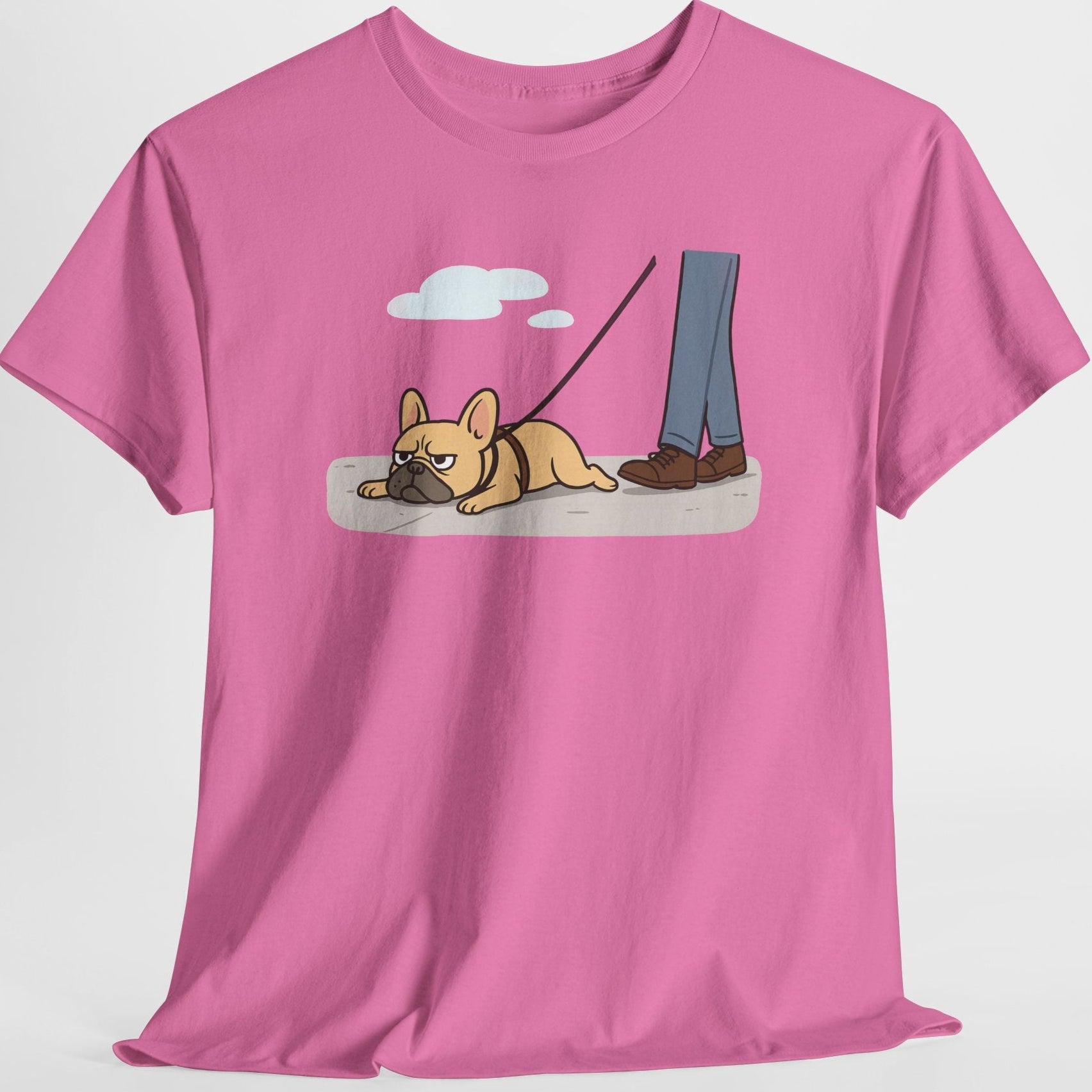 Pink t-shirt with a graphic of a dog on a leash and person on a white background