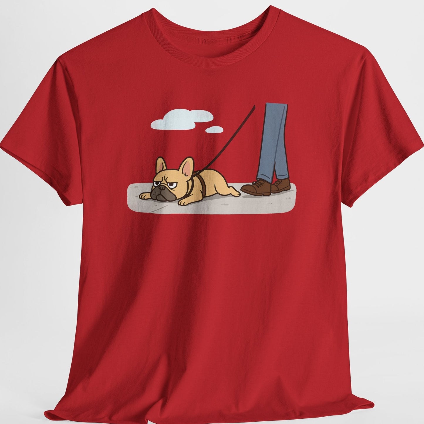 Red t-shirt with a dog and person graphic on a white background