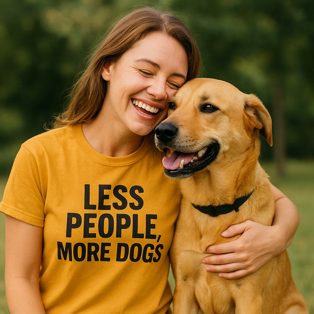 Woman wearing a yellow shirt with 'LESS PEOPLE, MORE DOGS' text, hugging a dog outdoors.