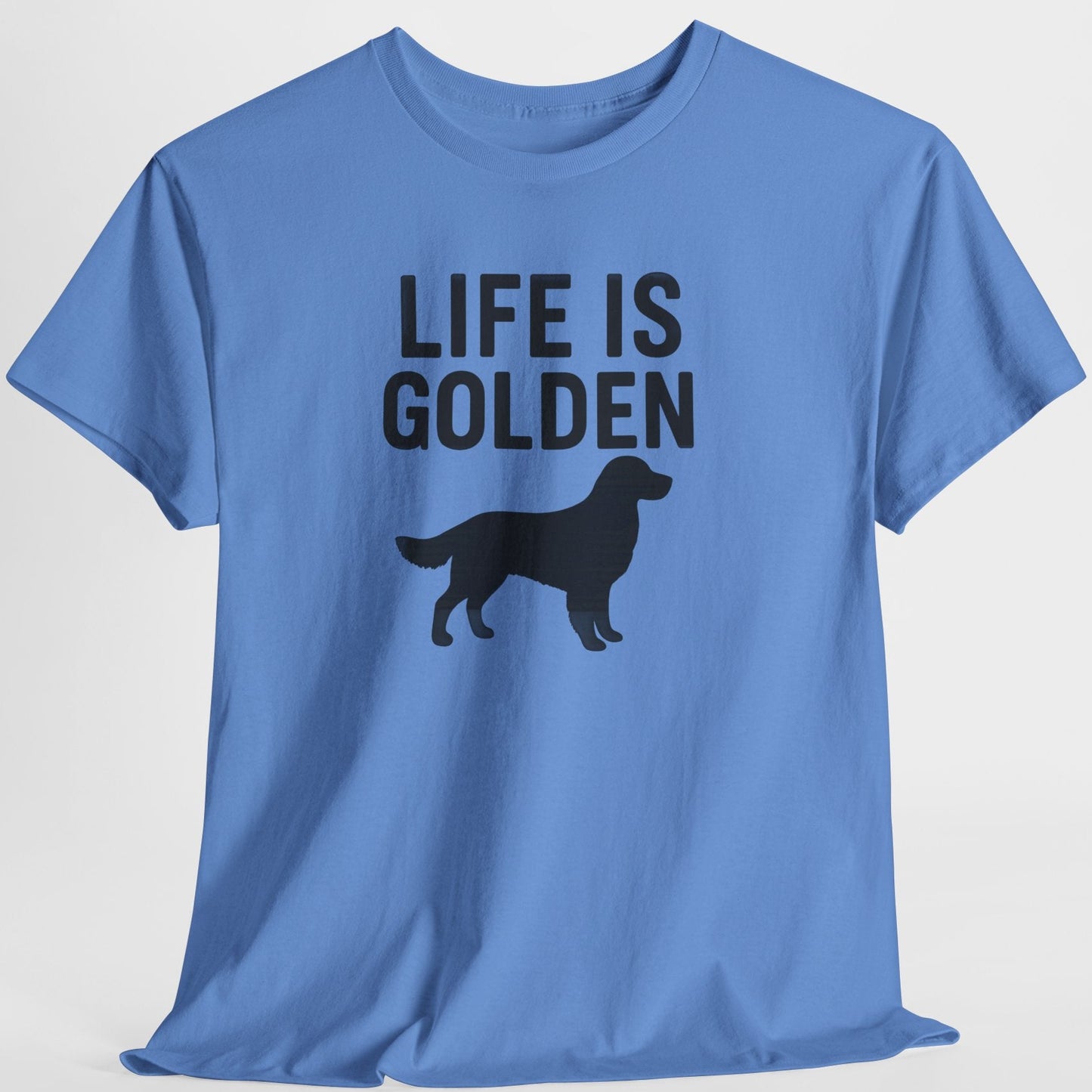 Blue t-shirt with 'Life is Golden' text and dog silhouette on a light gray background
