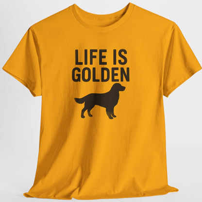 Yellow t-shirt with 'Life is Golden' text and dog silhouette on a white background
