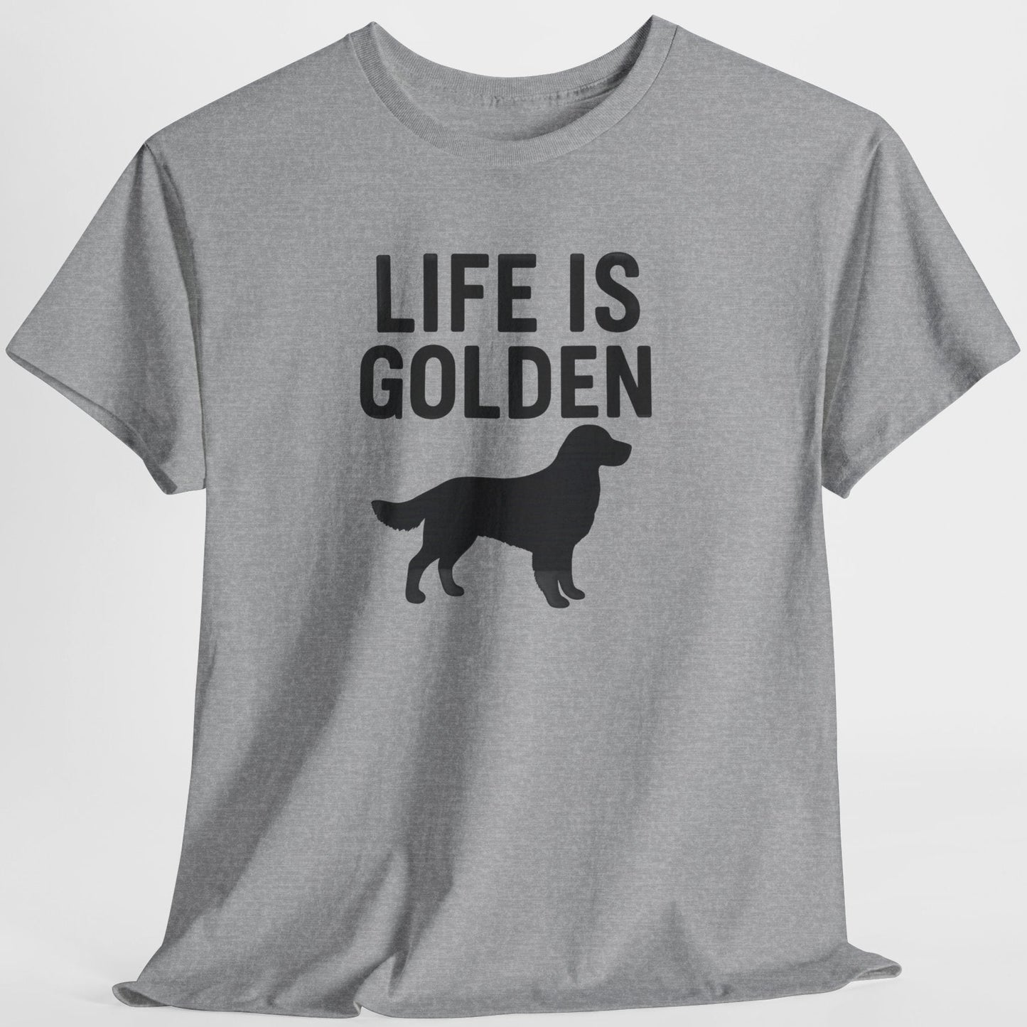 Gray t-shirt with 'Life is Golden' text and dog silhouette on a white background