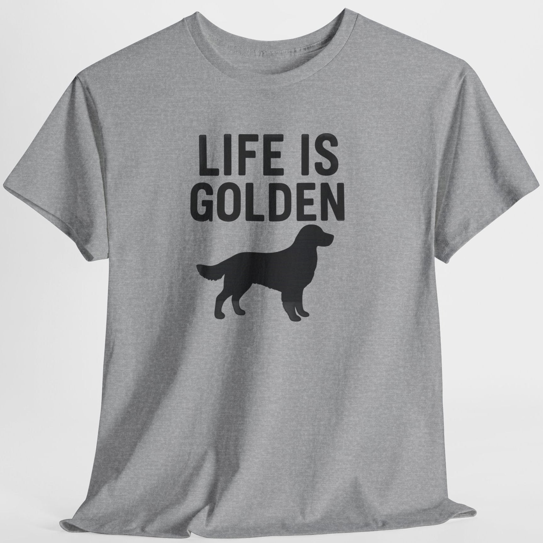 Gray t-shirt with 'Life is Golden' text and dog silhouette on a white background