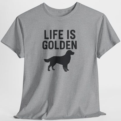 Gray t-shirt with 'Life is Golden' text and dog silhouette on a white background