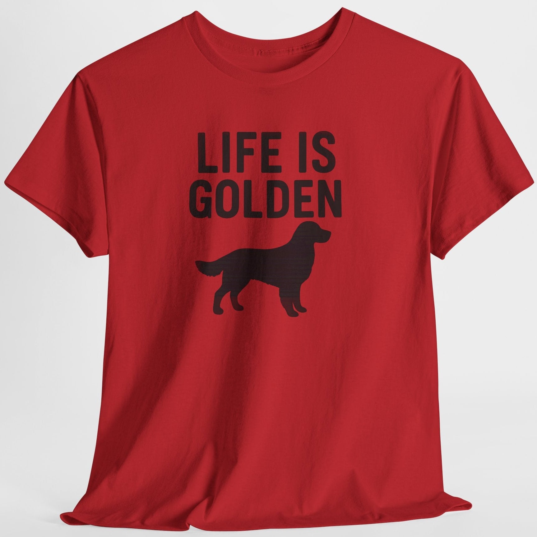 Red t-shirt with 'Life is Golden' text and a dog silhouette on a white background