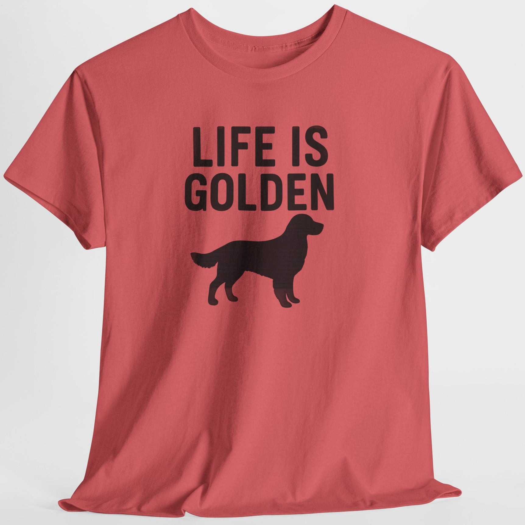 Red t-shirt with 'Life is Golden' text and dog silhouette on a white background