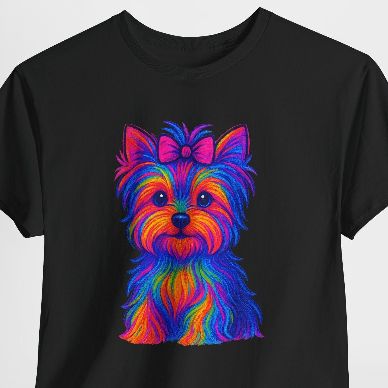 Black t-shirt with a colorful dog graphic on a white background