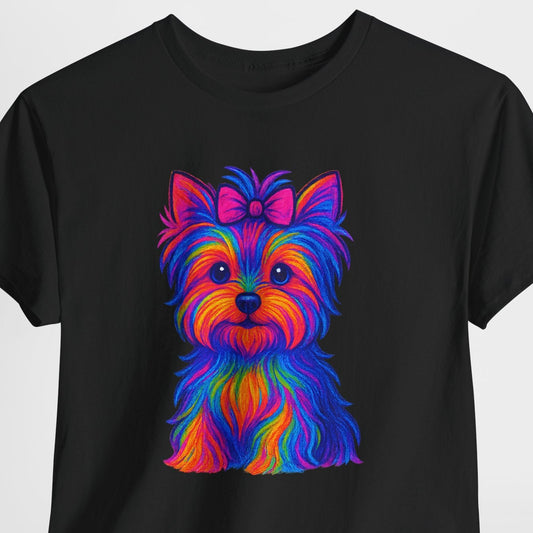 Black t-shirt with a colorful dog graphic on a white background