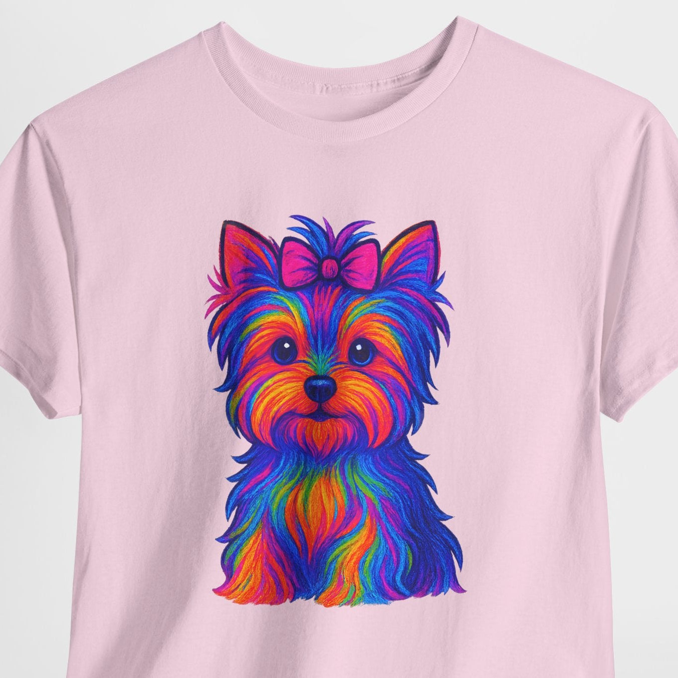 Pink t-shirt with a colorful dog graphic on a white background