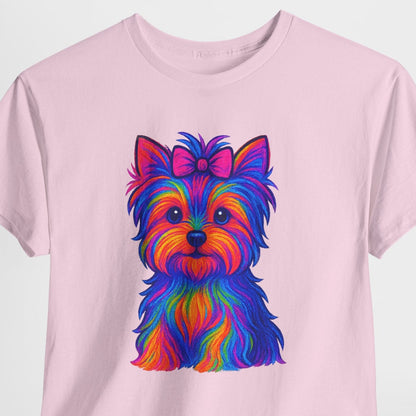 Pink t-shirt with a colorful dog graphic on a white background