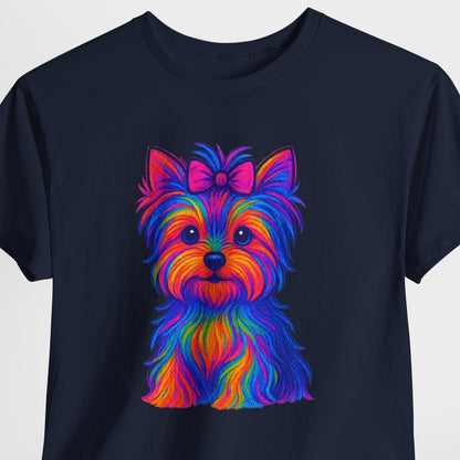 Black t-shirt with a colorful dog graphic on a light gray background