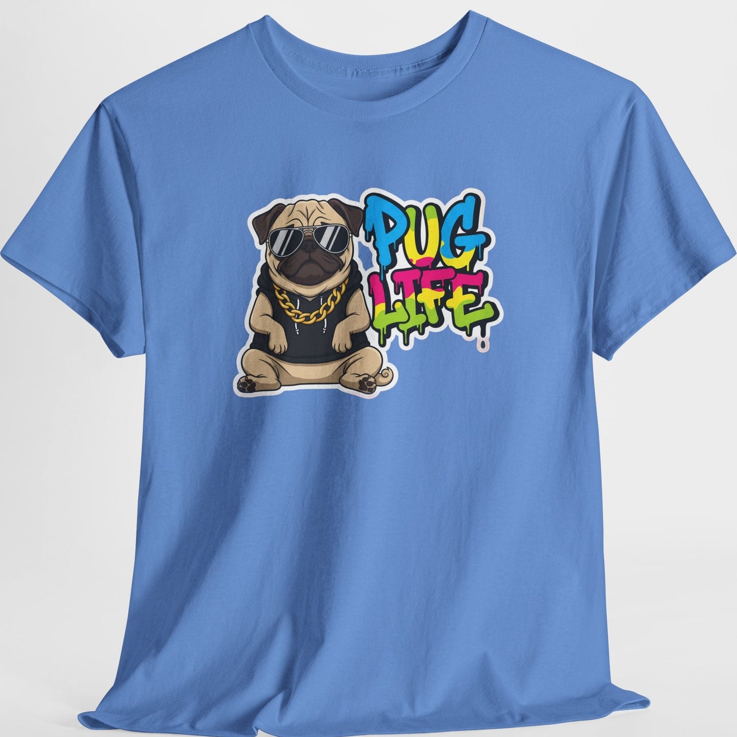 Blue t-shirt with a pug graphic and 'Pug Life' text on a white background