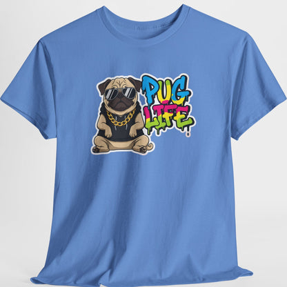 Blue t-shirt with a pug graphic and 'Pug Life' text on a white background