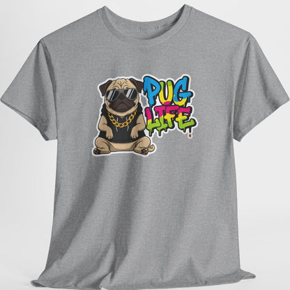 Gray t-shirt with a pug graphic and 'Pug Life' text on a white background