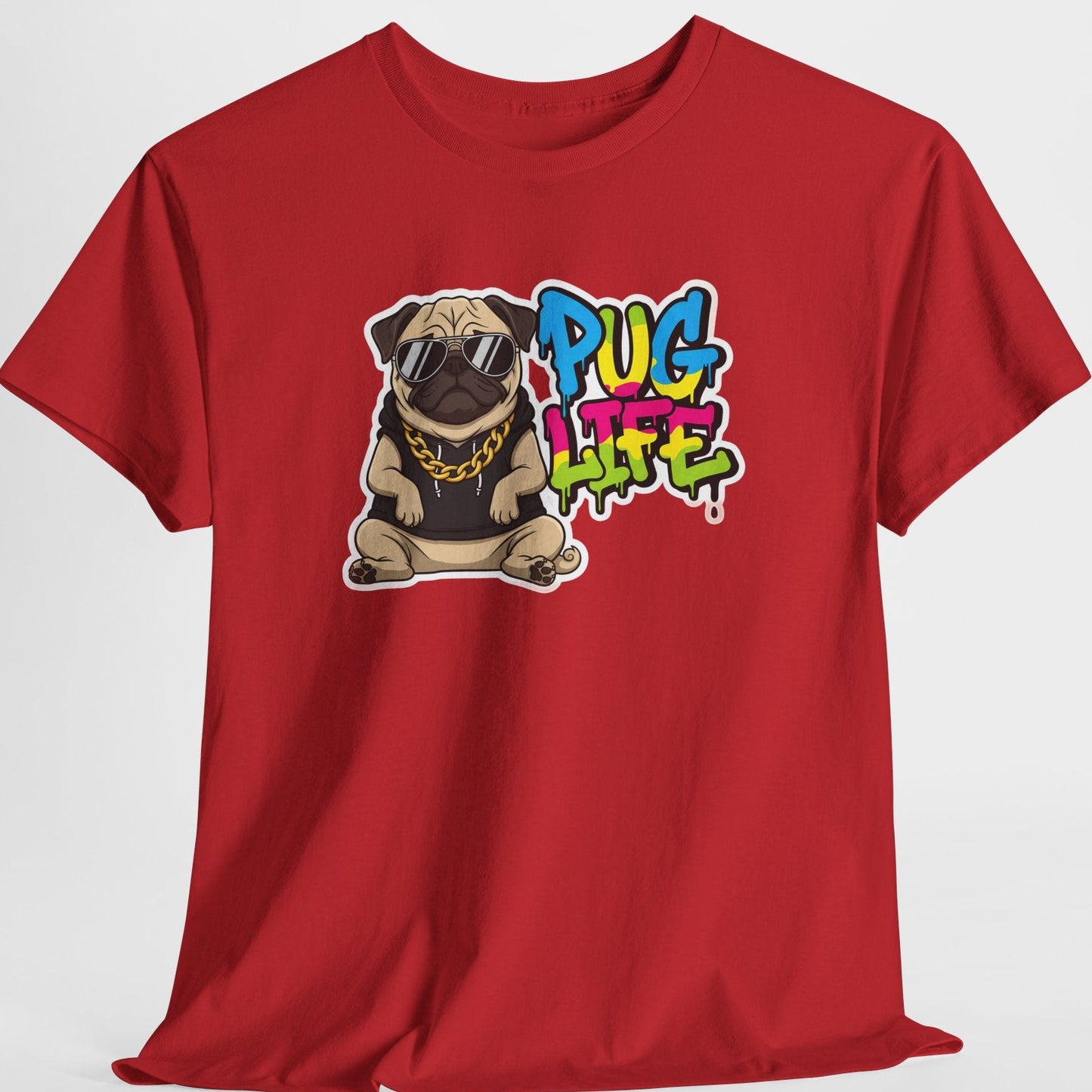 Red t-shirt with a pug graphic and 'Pug Life' text on a white background