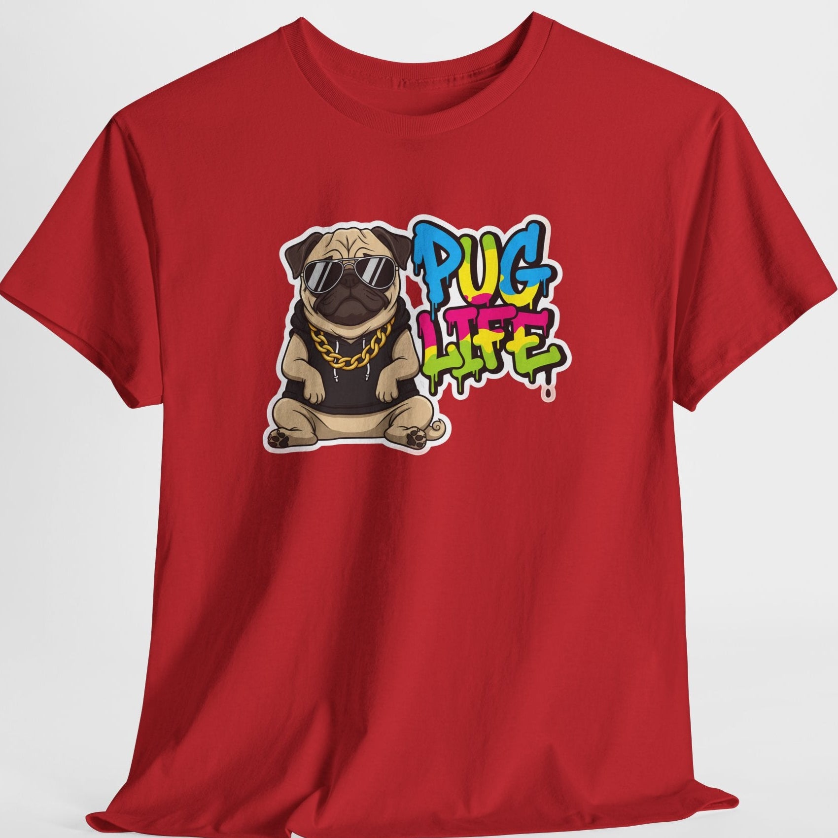 Red t-shirt with a pug graphic and 'Pug Life' text on a white background