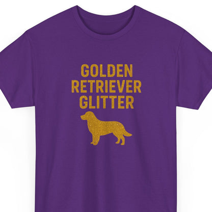 Purple t-shirt with 'Golden Retriever Glitter' text and silhouette on a white background