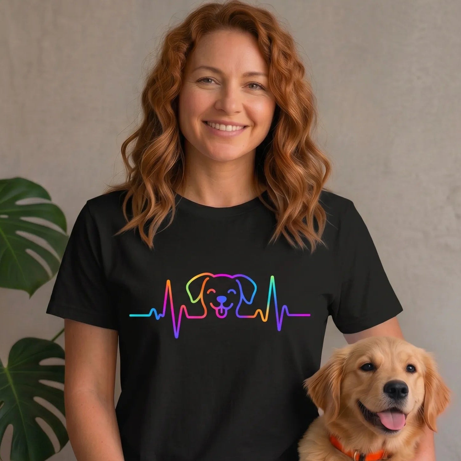 Woman wearing a black t-shirt with a colorful dog heart rate ekg design, sitting with a golden retriever.