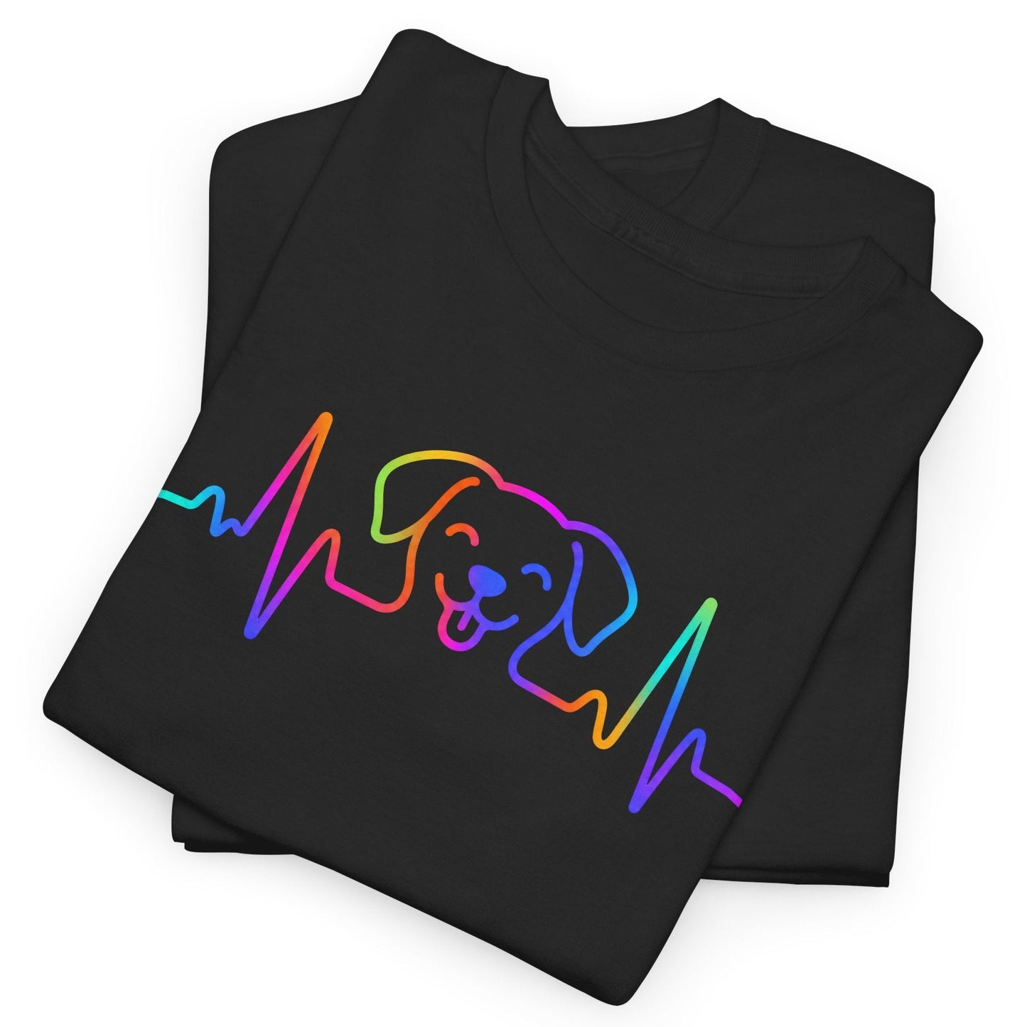 Black t-shirt with a colorful dog heartbeat design on a white background