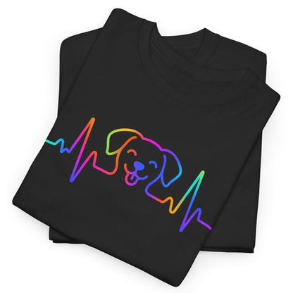 Black t-shirt with a colorful dog heartbeat design on a white background