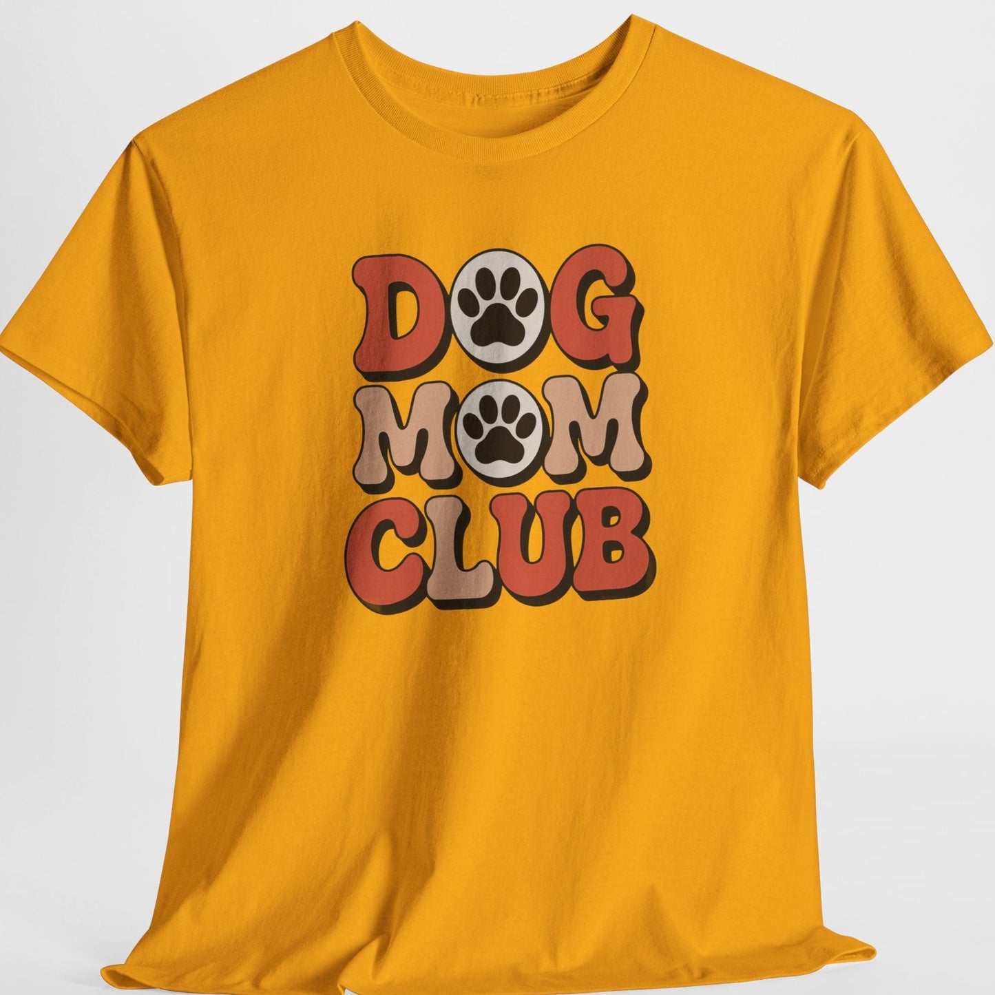 Yellow t-shirt with 'Dog Mom Club' text and paw prints on a white background