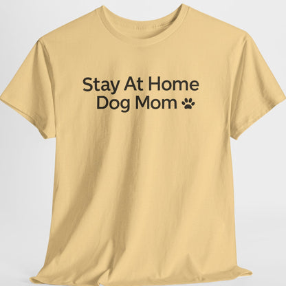Yellow t-shirt with 'Stay At Home Dog Mom' text on a light gray background