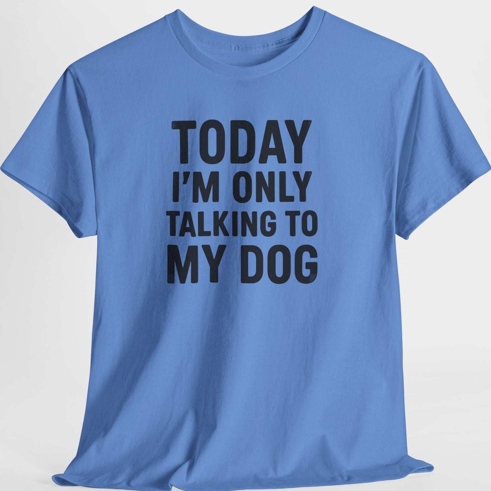 Blue t-shirt with text 'Today I'm only talking to my dog' on a light gray background